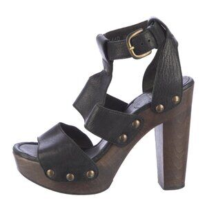 STUART WEITZMAN Women's Black Leather Wood Heels Studded Sandals US 7.5